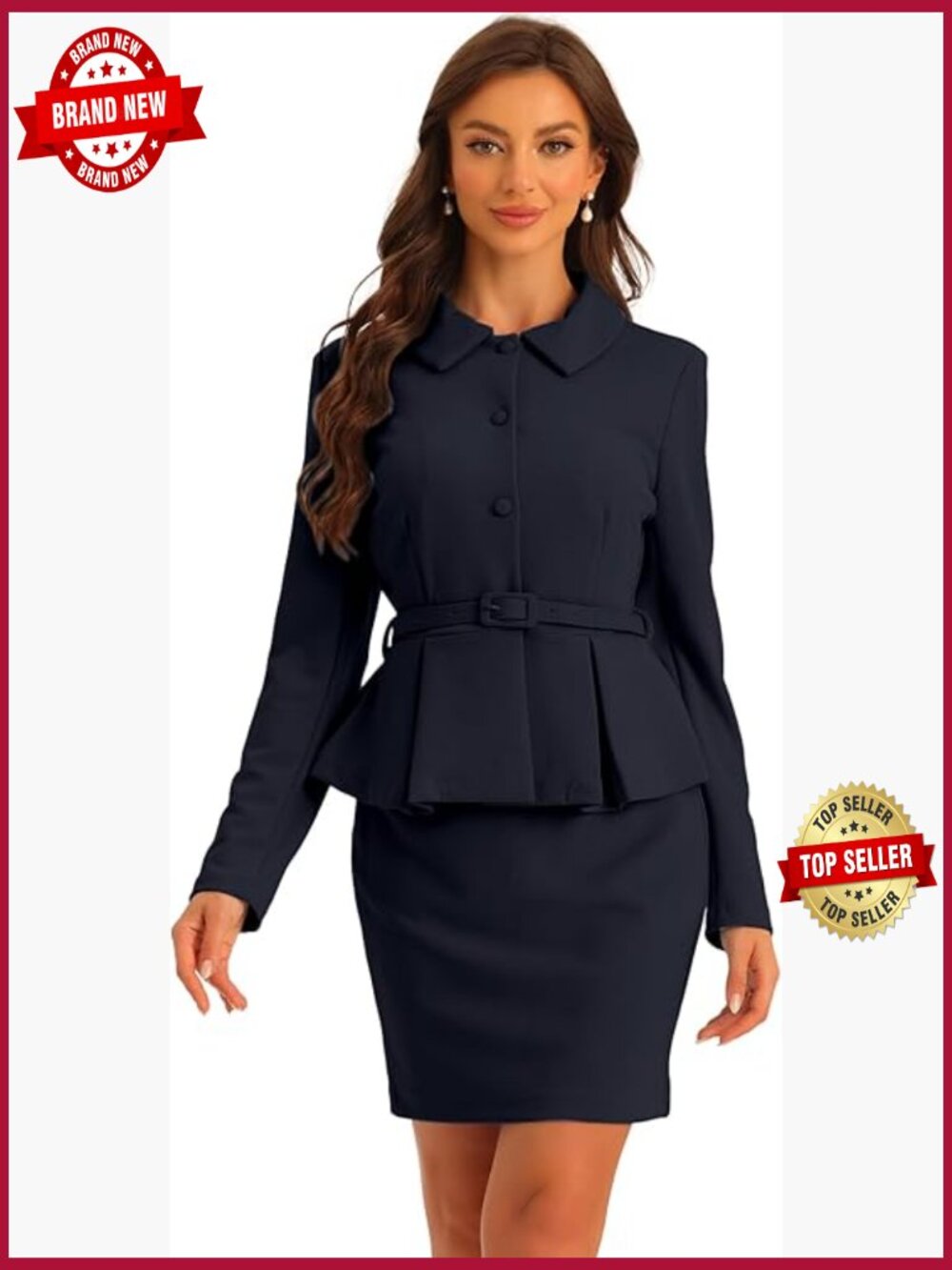 Women's 2 Piece Skirt Suit Set Peplum Blazer Jacket and Mini Pencil Skirt